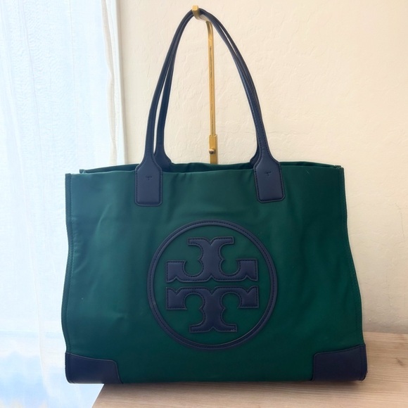 Tory Burch Ella Tote Bag in Dark Green Nylon Navy Blue Leather Trim Women’s